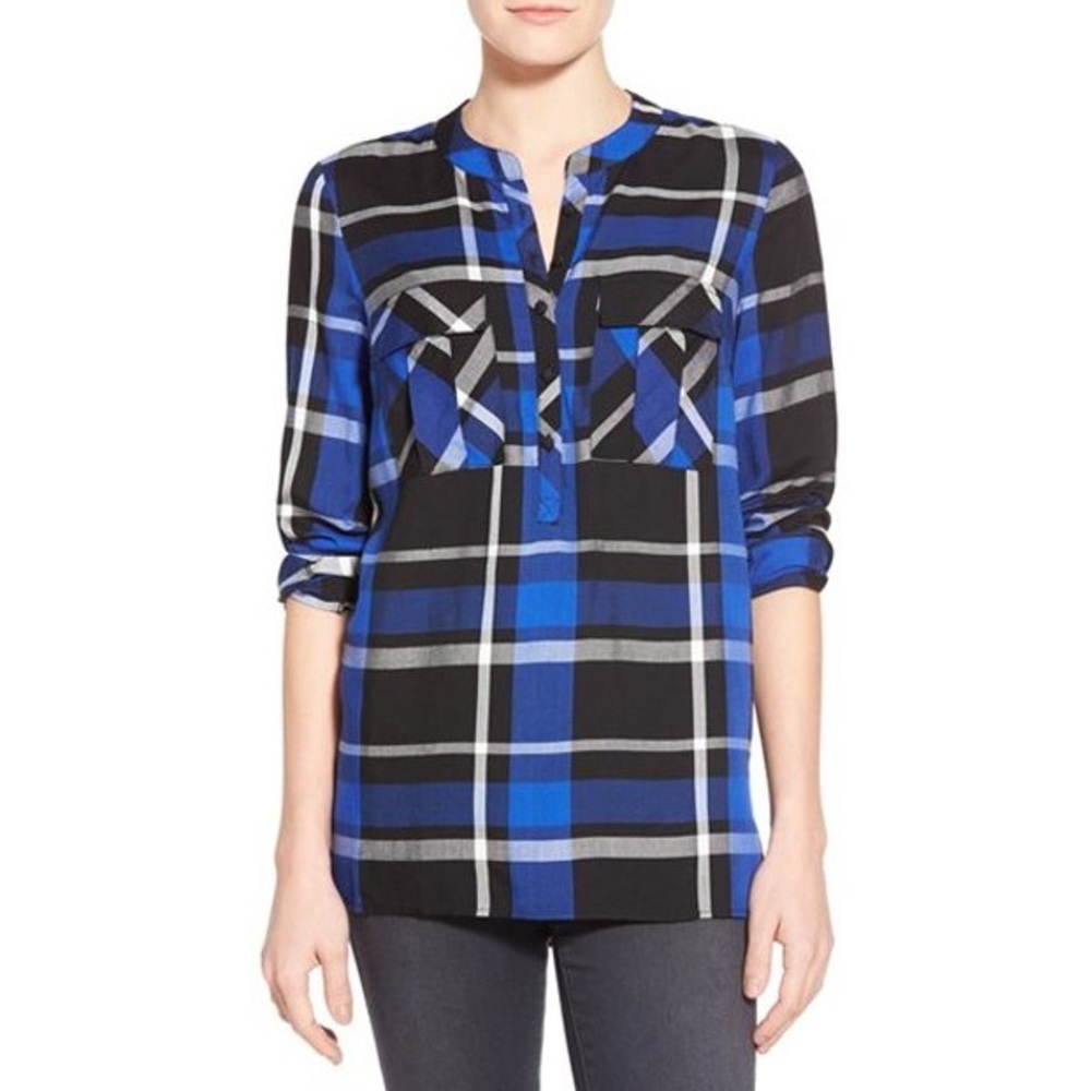 Kensie Women's Blue Plaid Band Collar Shirt